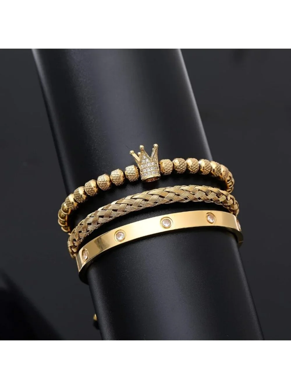 3PCS Adjustable Gold Stainless Steel Crown Bracelets for Men - Luxury Roman